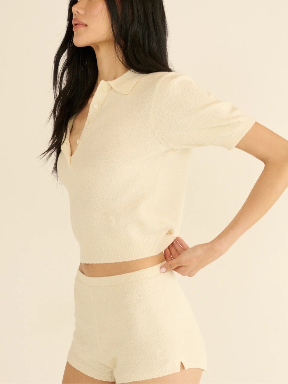Doen Artie Merino Boucle Collar Polo Button Short Sleeve Knit Top Ivory Cream - Picture 2 of 15